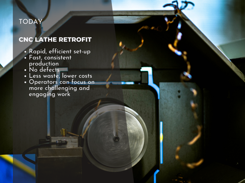 Close-up of manual lathe retrofitted to CNC lathe at Alcon Tool with list of benefits